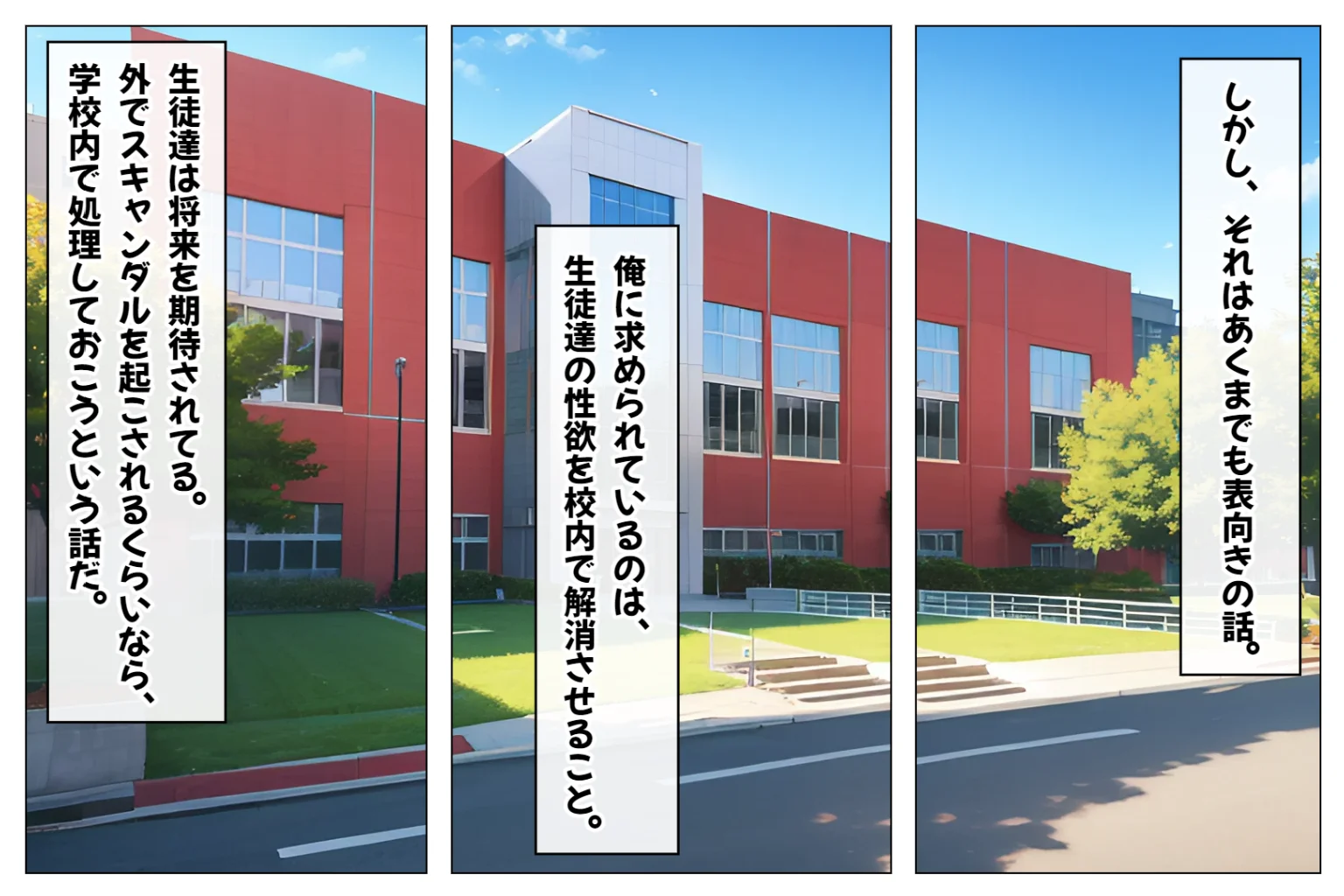 JKハーレム学園〜ハメてもハメても終わらない女子校生だらけのハーレム中出し学園生活〜【1ぺージ1コマのマンガ風完全ストーリー】 制服・処女・学園もの サンプル3ページ目（変態マジシャン）