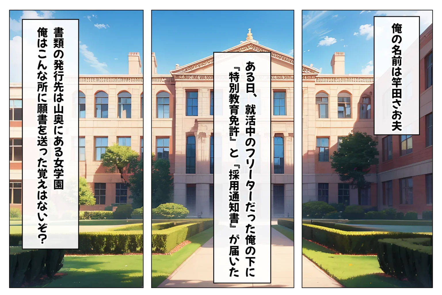 デカ尻ハーレム学園〜ハメてもハメても終わらない巨尻女子校生だらけのハーレム学園生活〜【1ぺージ1コマのマンガ風完全ストーリー】 制服・処女・学園もの サンプル1ページ目（変態マジシャン）