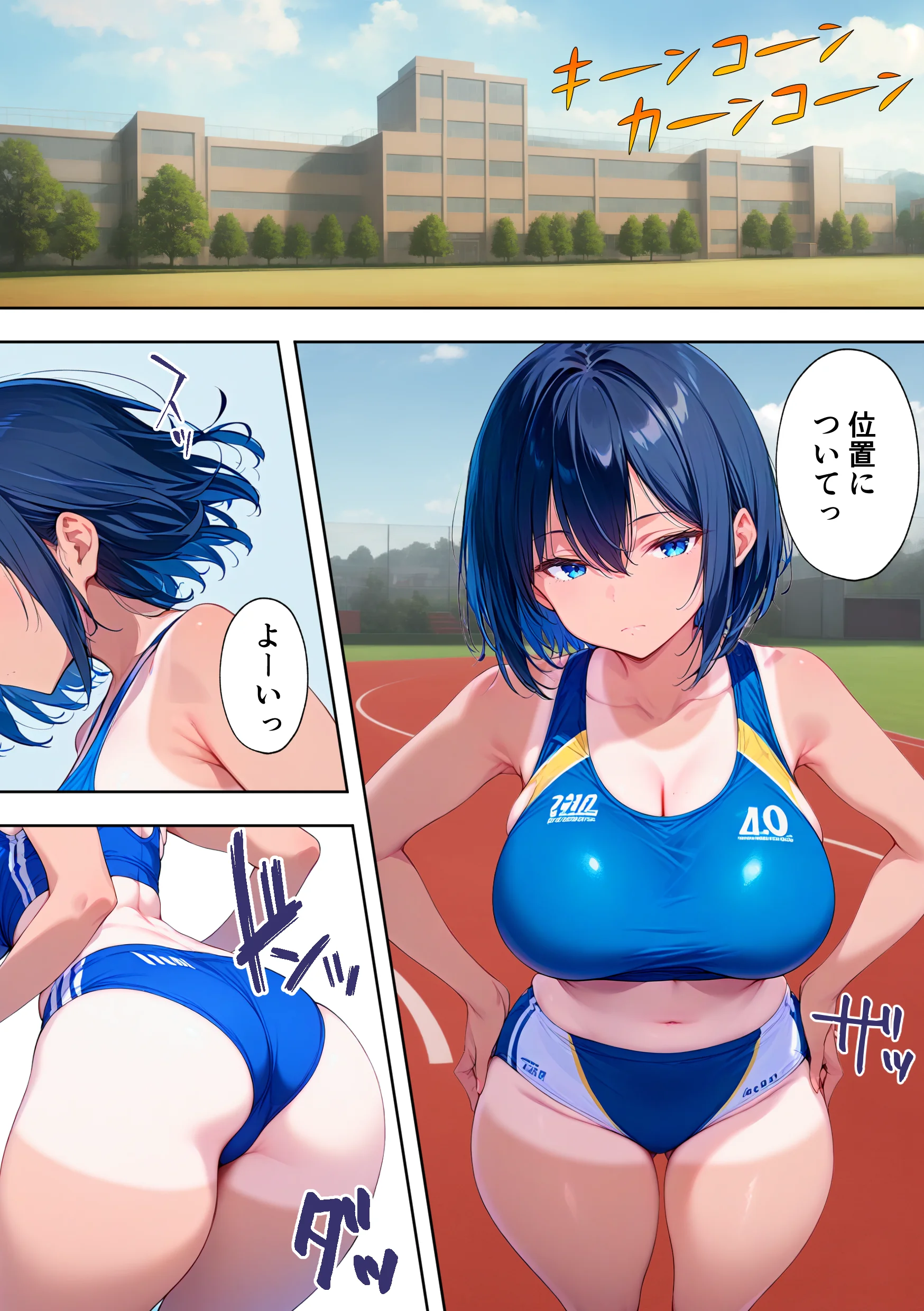 陸上部部長で幼馴染の強気な彼女が催●おじさんに寝取られ孕まされる話 制服・学園もの・巨乳 サンプル1ページ目（ぶるーと）