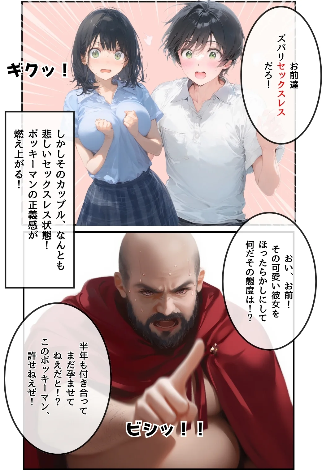 とんでも！ボッキーマン。〜彼氏の前で彼女を寝取ってボッキー！の巻〜 ギャグ・コメディ・巨乳・寝取り・寝取られ・NTR サンプル9ページ目（竿役が種付けおじさんじゃないとヌケないんだが・・・）
