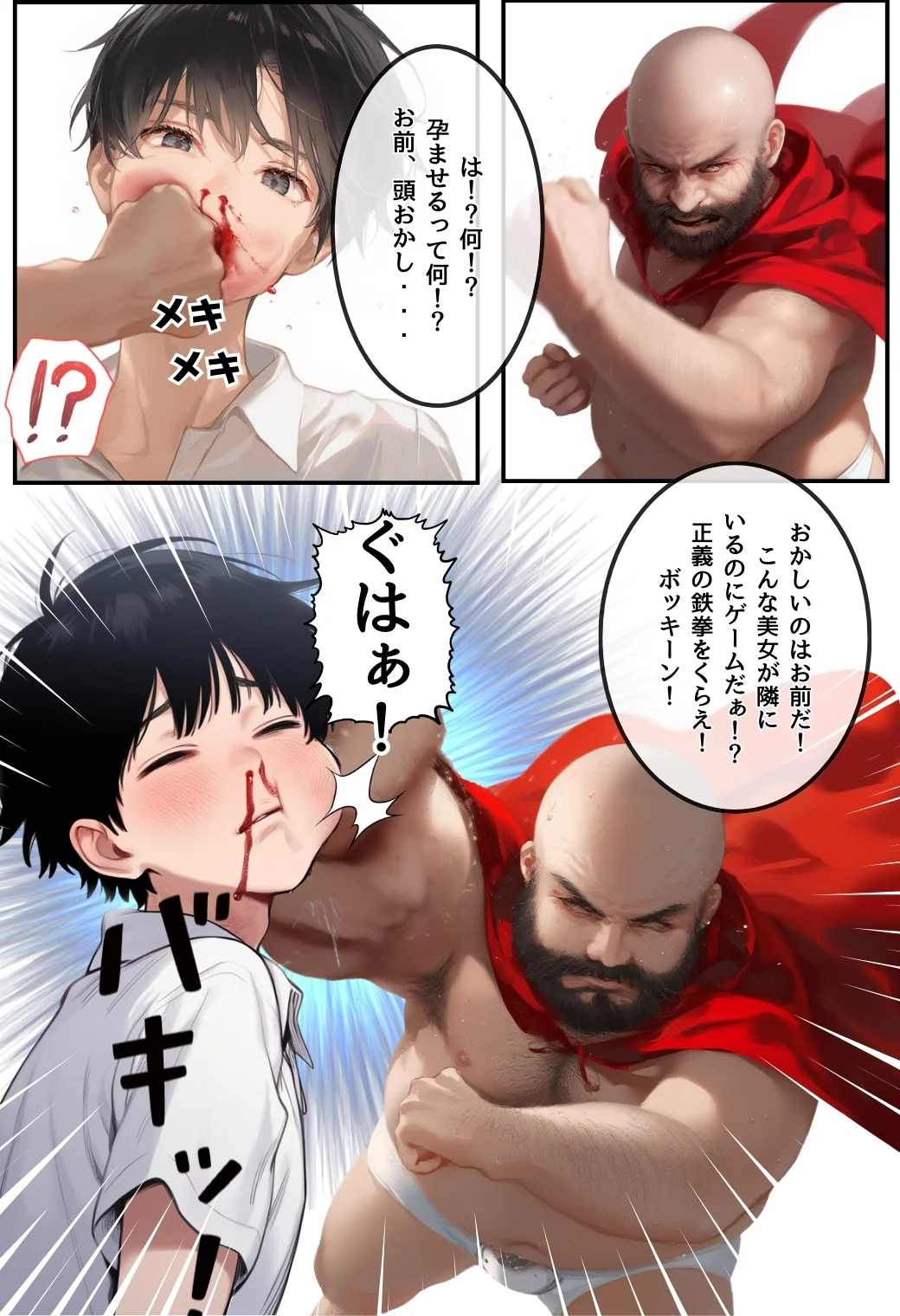 とんでも！ボッキーマン。〜彼氏の前で彼女を寝取ってボッキー！の巻〜 ギャグ・コメディ・巨乳・寝取り・寝取られ・NTR サンプル10ページ目（竿役が種付けおじさんじゃないとヌケないんだが・・・）