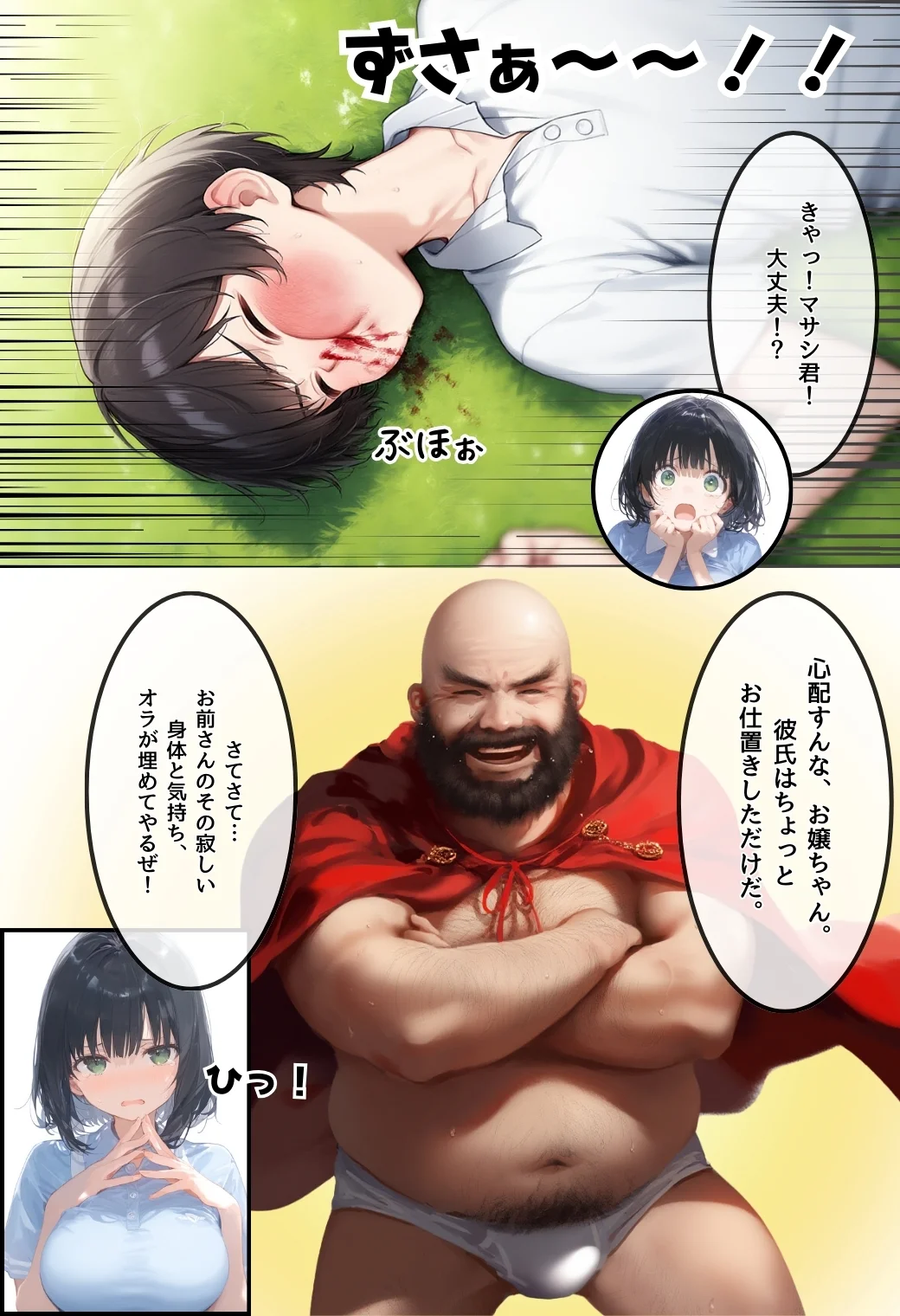 とんでも！ボッキーマン。〜彼氏の前で彼女を寝取ってボッキー！の巻〜 ギャグ・コメディ・巨乳・寝取り・寝取られ・NTR サンプル11ページ目（竿役が種付けおじさんじゃないとヌケないんだが・・・）