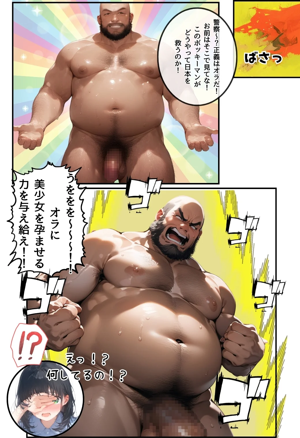 とんでも！ボッキーマン。〜彼氏の前で彼女を寝取ってボッキー！の巻〜 ギャグ・コメディ・巨乳・寝取り・寝取られ・NTR サンプル13ページ目（竿役が種付けおじさんじゃないとヌケないんだが・・・）