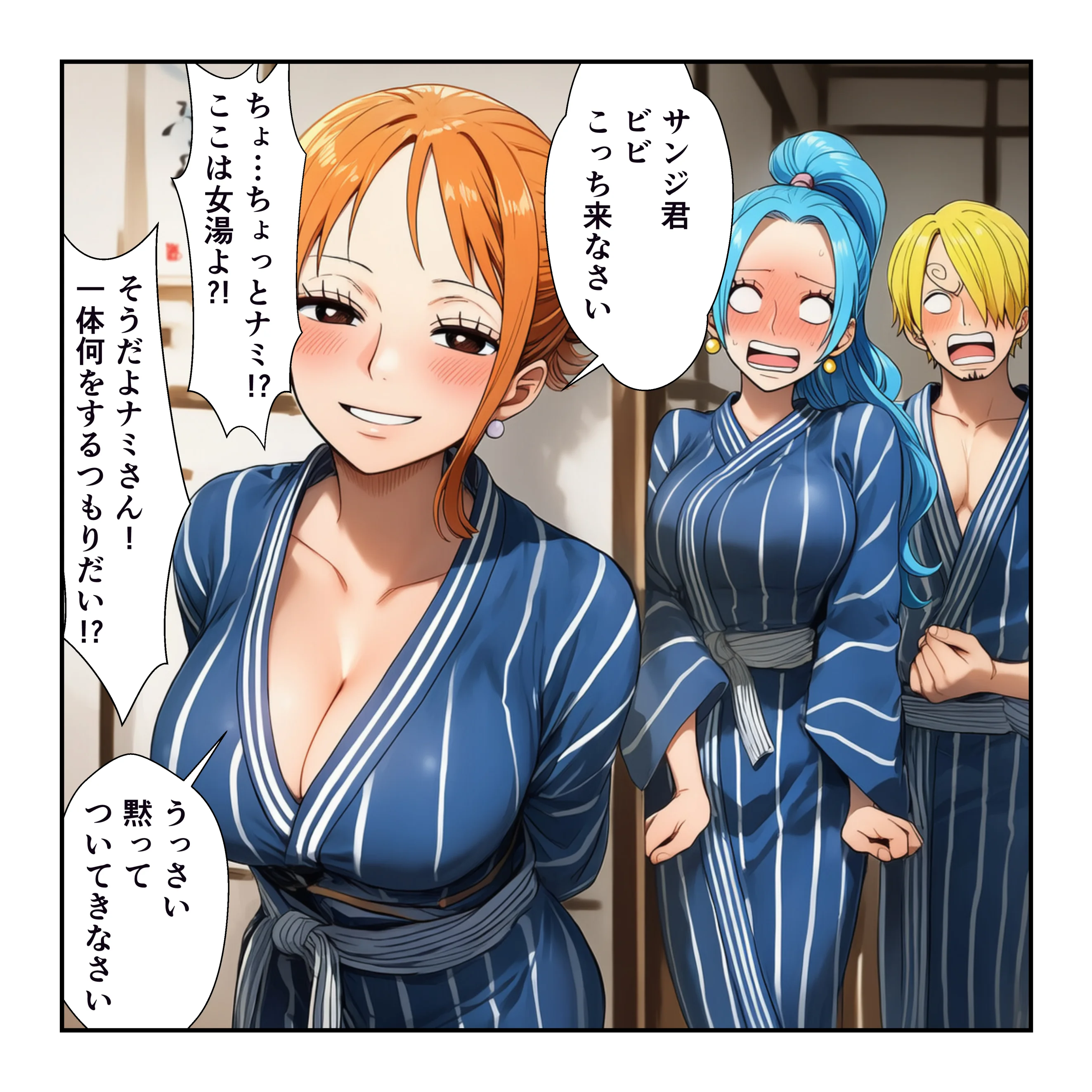 ハーレム温泉修学旅行で学園四天王美女に中出し！【ナミ・ロビン・ビビ・ハ〇コック】 学園もの・ラブコメ・痴女 サンプル27ページ目（YH）