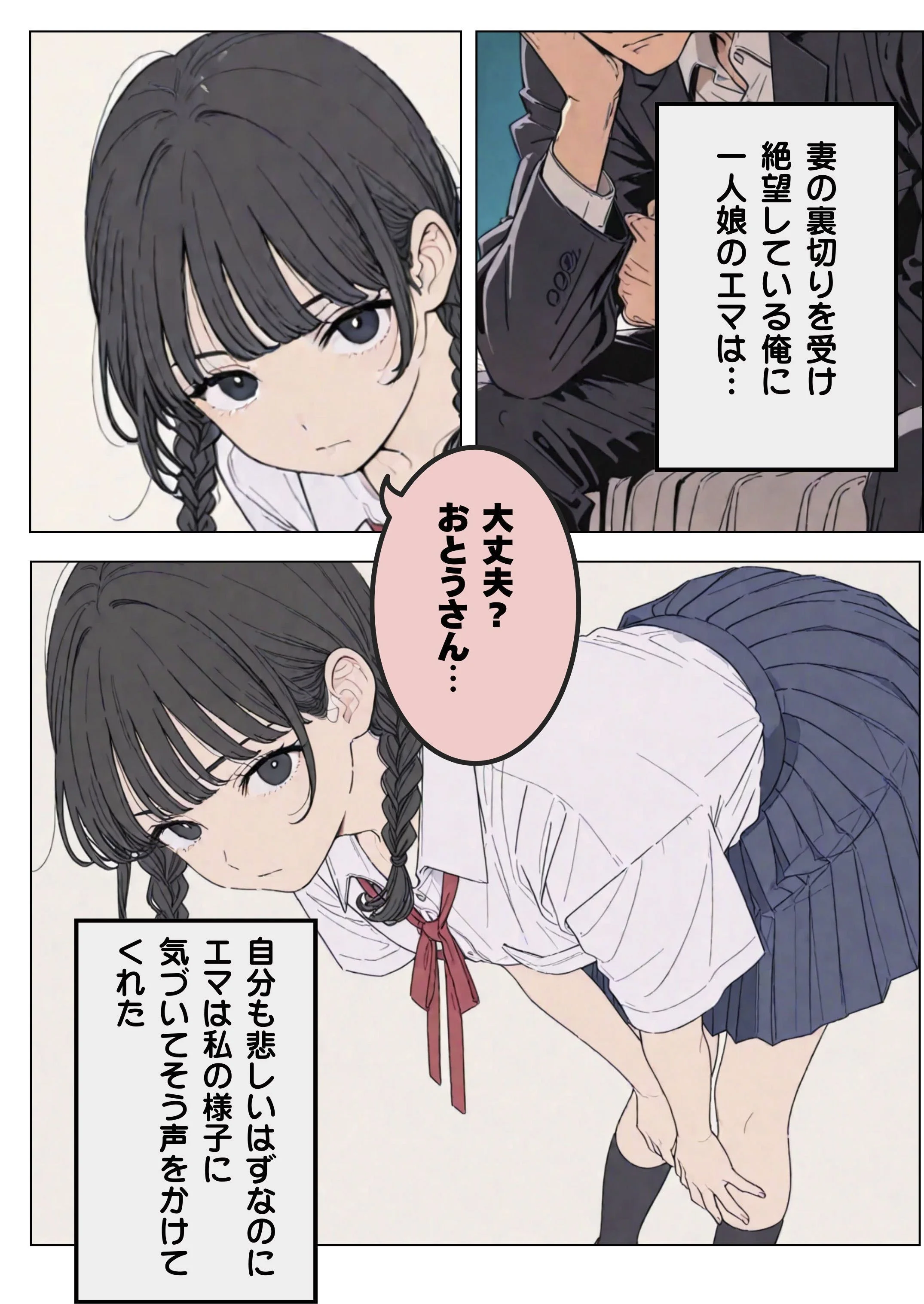 傷心の父親とそれを慰める娘 制服・近親相姦・退廃・背徳・インモラル サンプル4ページ目（だれもが）
