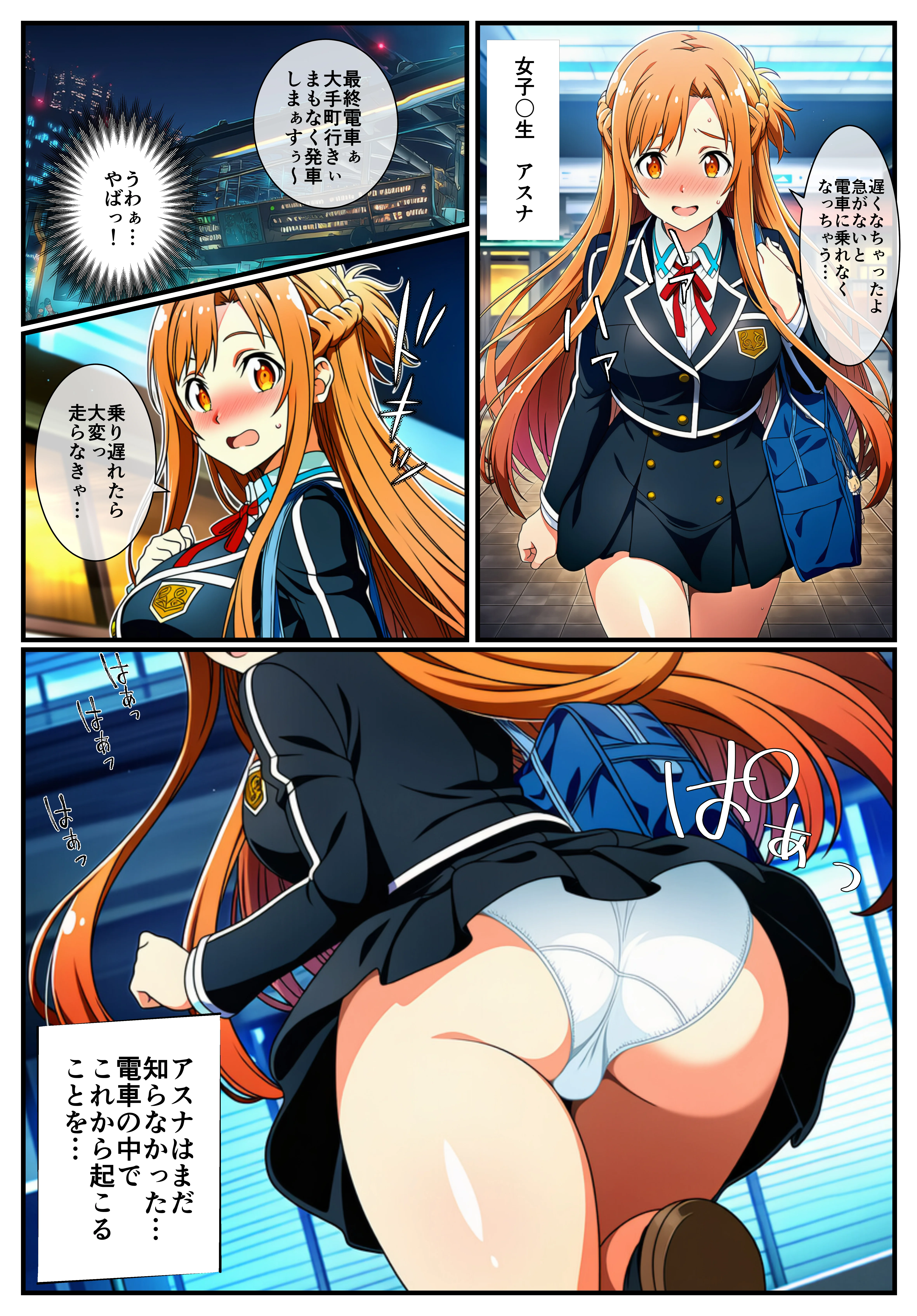 【痴●電車SA〇】狙われたアスナと直葉 辱め・羞恥・制服 サンプル1ページ目（イッキ）
