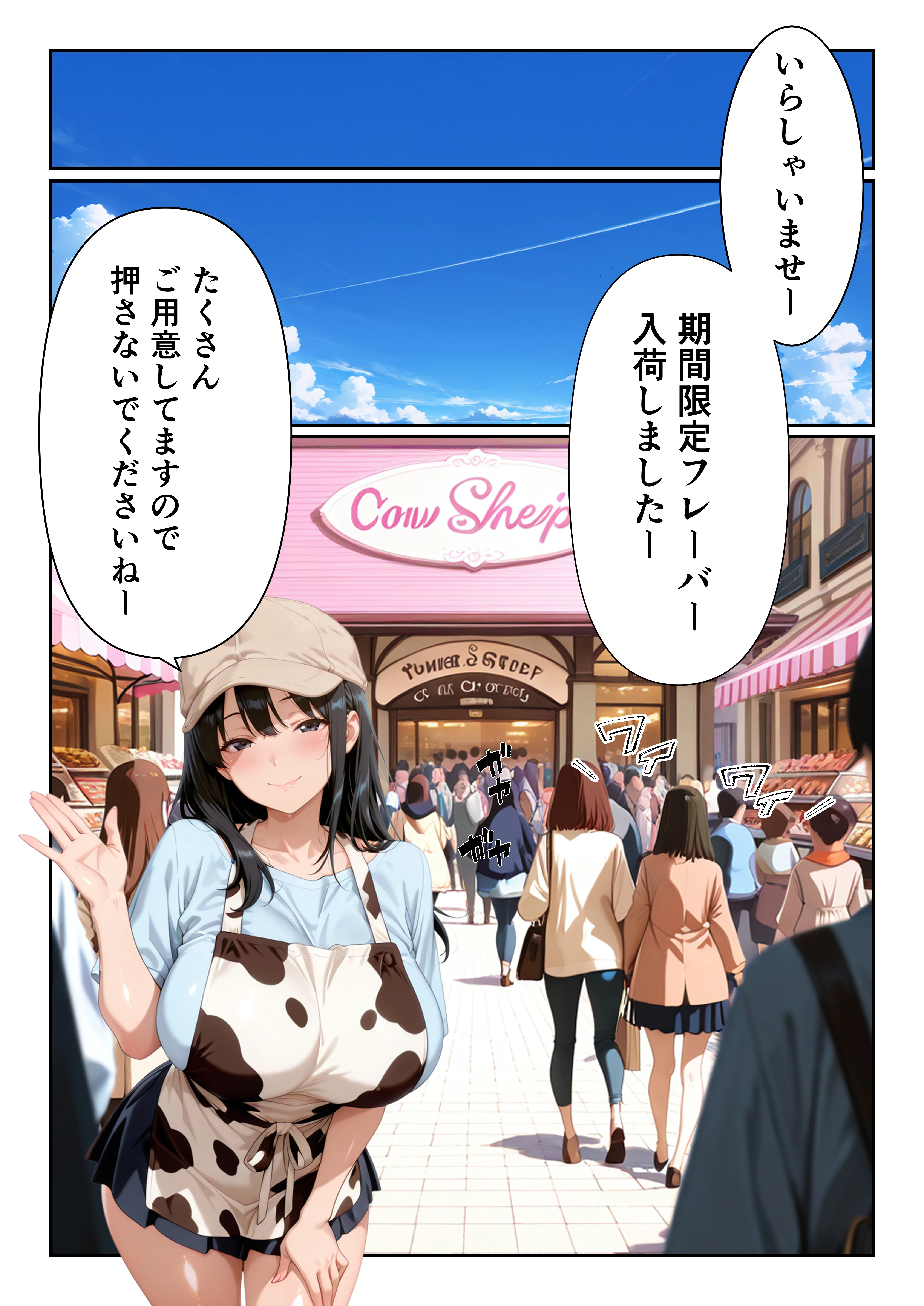 爆乳大学生がSNSで大人気のスイーツ店にバイトに行ったら、搾乳されて、種付けメス牛になっちゃっいました！ 3P・4P・アヘ顔・イラマチオ サンプル3ページ目(グングニルコミック)