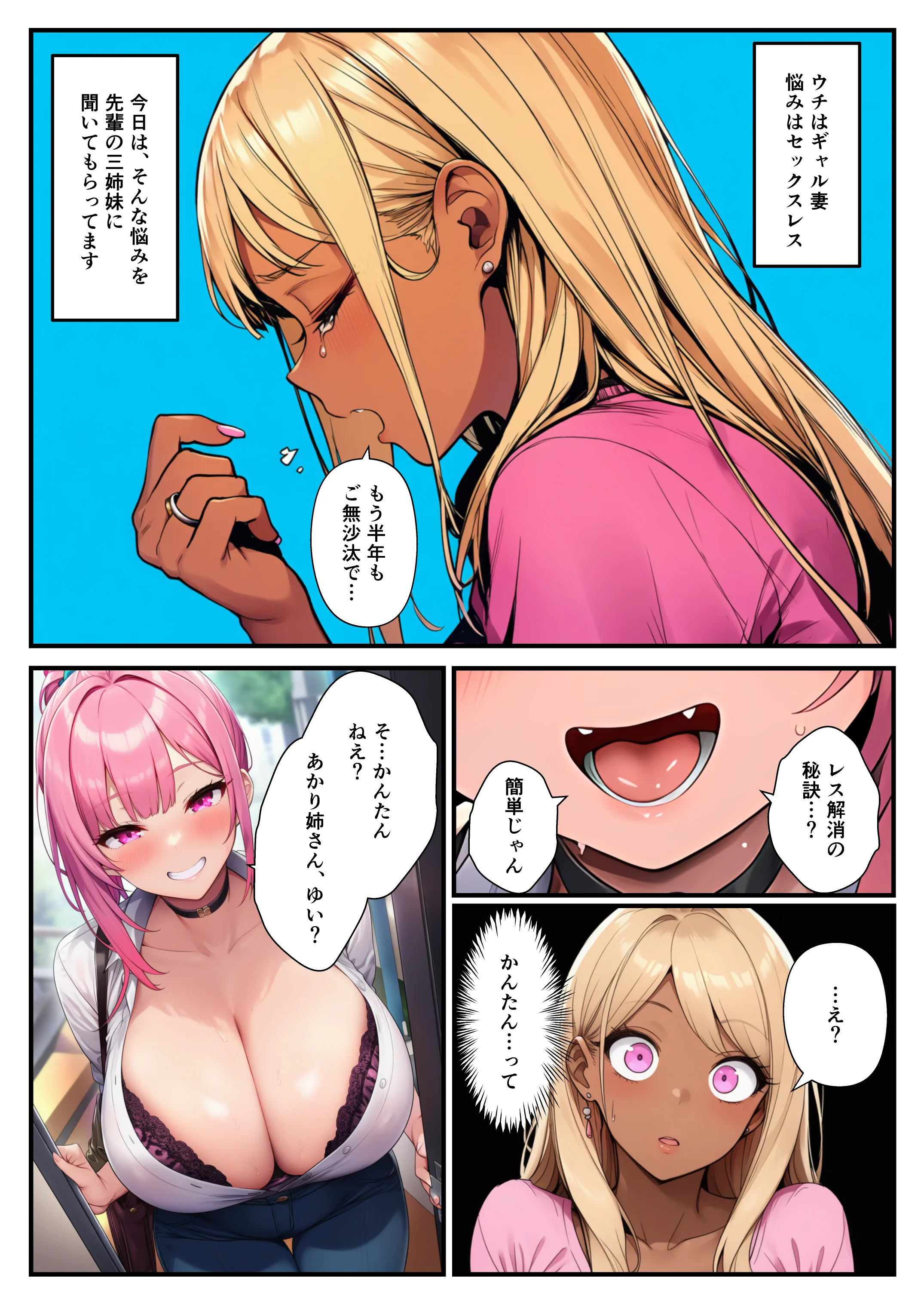 三姉妹が黒ギャル妻にテクニック伝授！コスプレえっちで夫を堕とす方法 制服・人妻・主婦・体操着・ブルマ サンプル1ページ目（ヌキどころ）