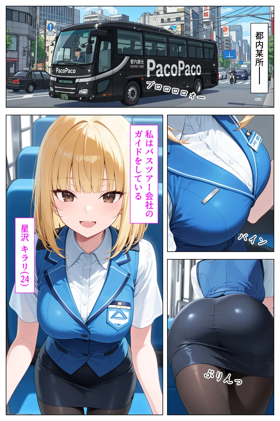 淫乱ギャルバスガイド汁まみれご奉仕ツアー_連日お客に潮だく中出しセックスされる話 ギャル・巨乳・中出し サンプル1ページ目（あふれだすにじる）