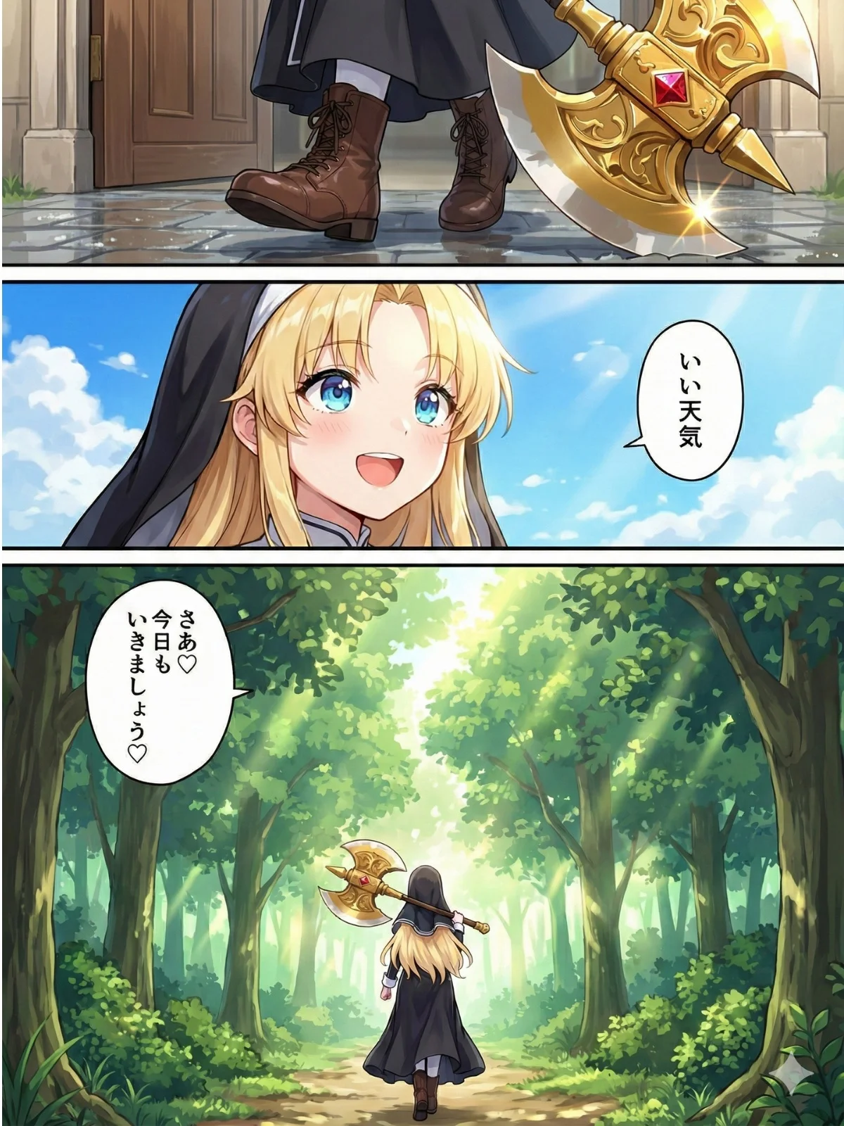 異世界で純粋金髪むちむちシスターがおちんぽをしごいてくれて好き放題中出しさせてくれる濃厚甘やかし射精♪ ニーソックス・シスター・巨乳 サンプル1ページ目（JKギルティ）