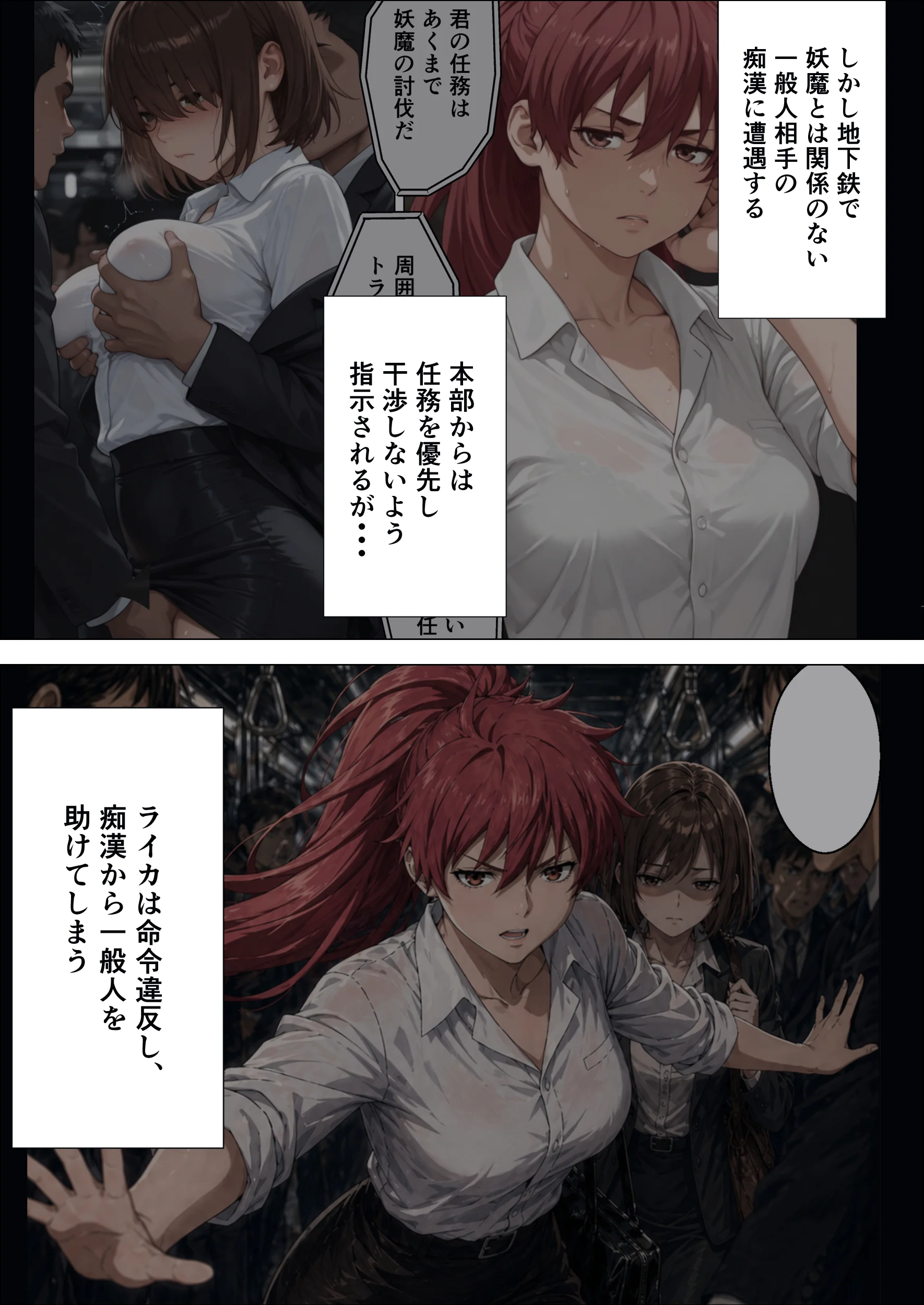 退魔士ライカ  淫獄の満員電車  PART2  巨乳美女退魔士は任務のため媚薬に火照る体を抱え囮捜査を行う 辱め・羞恥・巨乳 サンプル4ページ目（エレクトライカ）