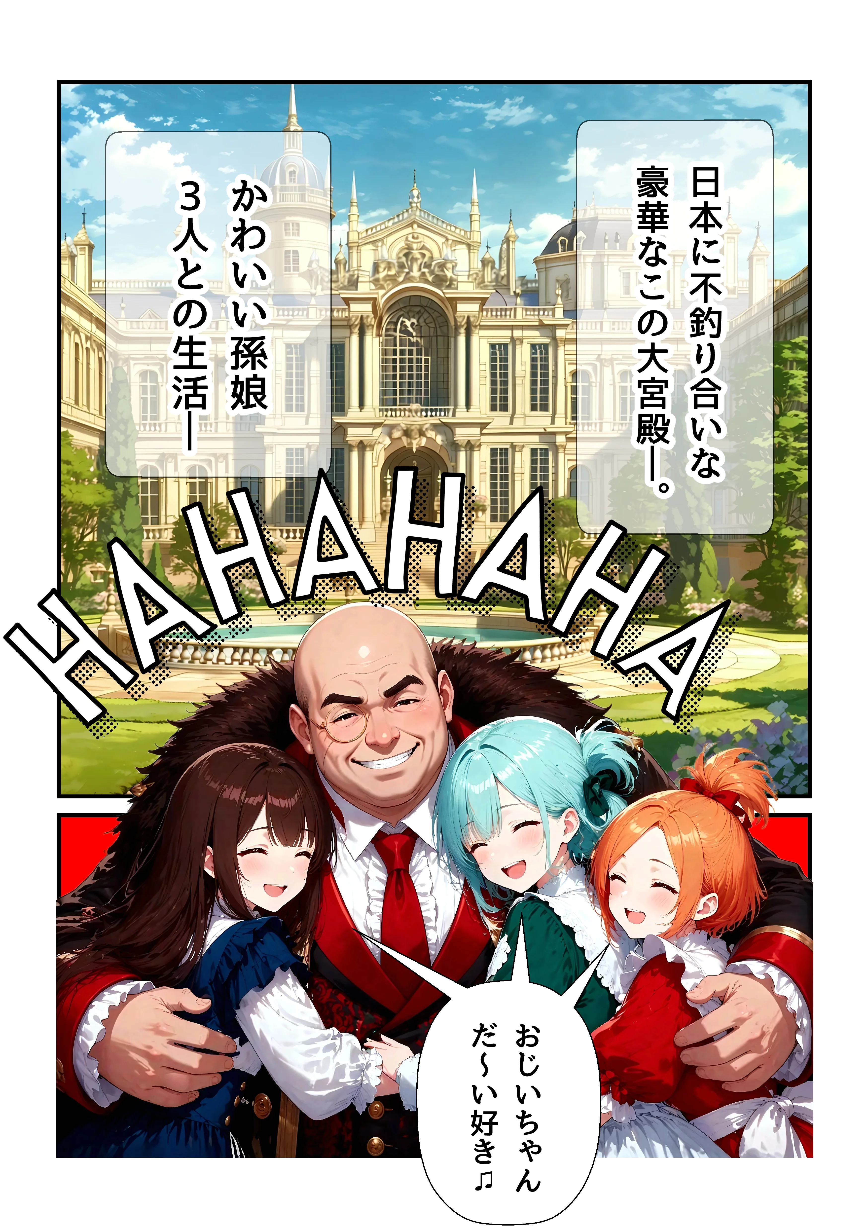 偽孫娘3姉妹〜ブサイクじじいの魔法でイケナイ子作り〜 処女・お嬢様・令嬢・巨乳 サンプル2ページ目（うるわし校房）